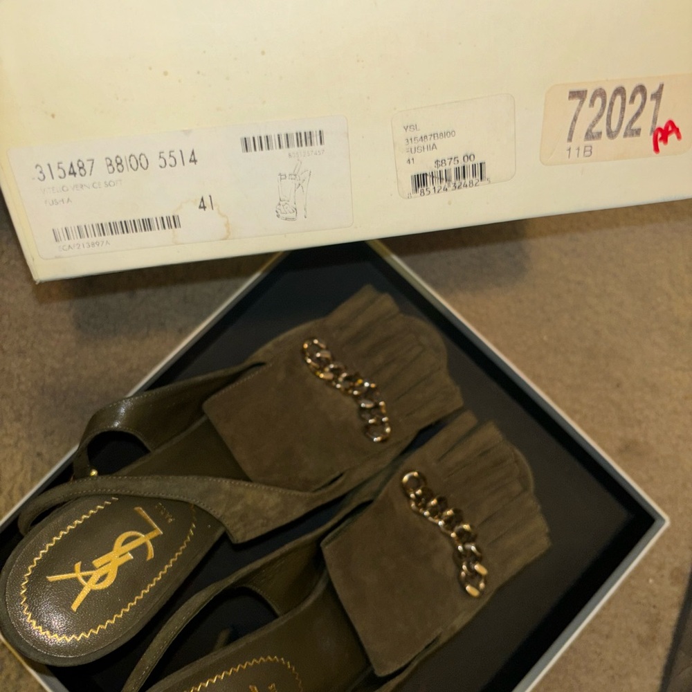 Yves Saint Laurent Olive Green Peep Toe Loafer Heels 41 fits like 39